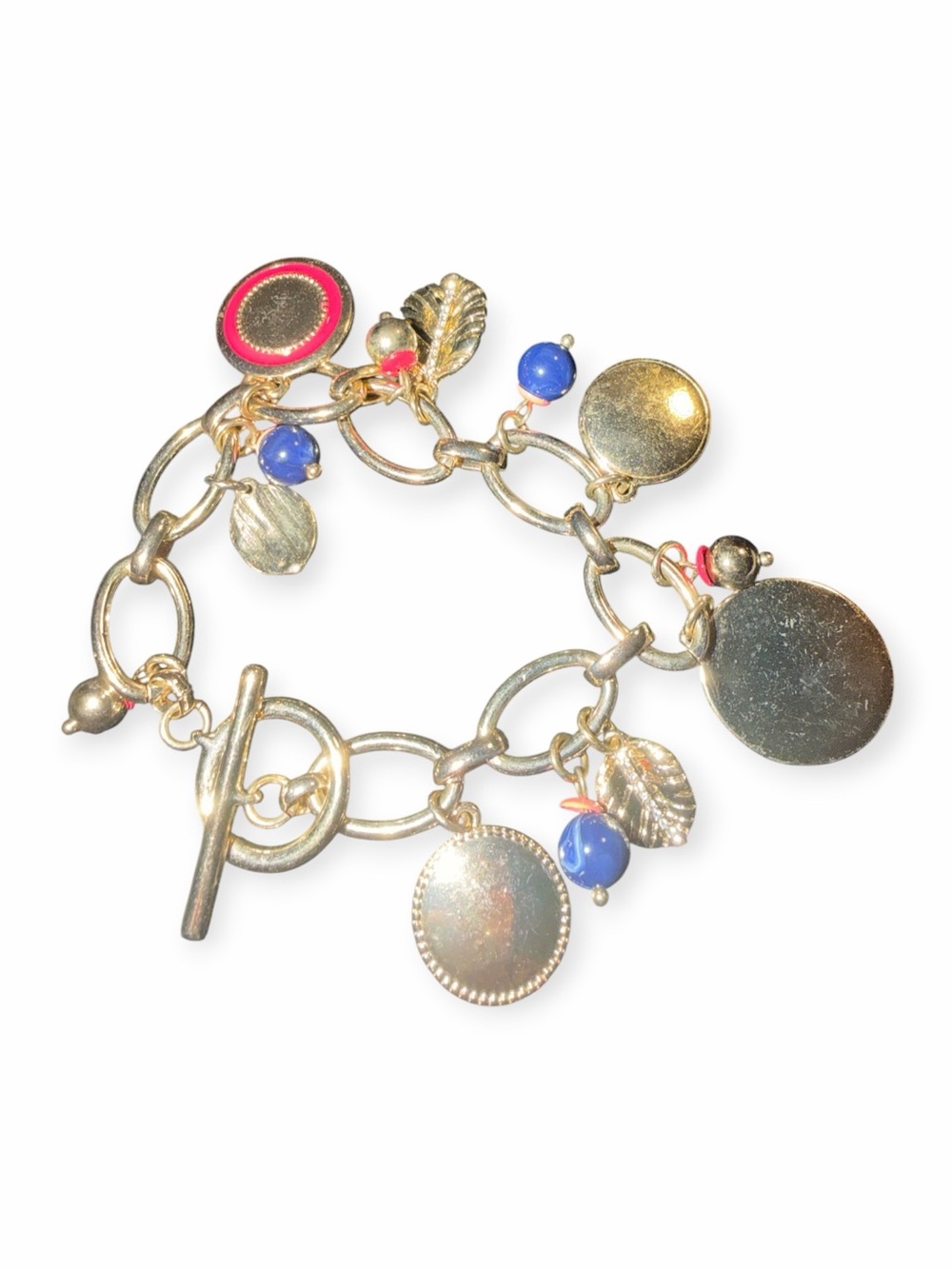 Chico's Boho Gold Chain Charm Bracelet with Blue Beads & Leaf Charms